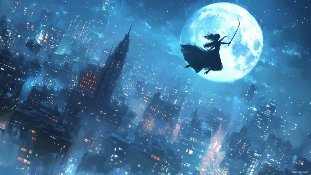 Anime witch flying over the moonlit cityscape.