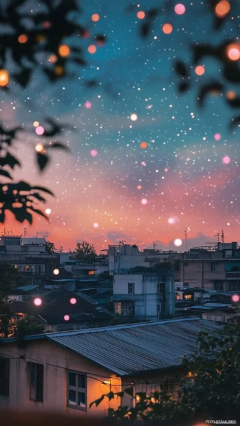 Antique rooftops basking in soft cosmic glow, whispering the beauty of subtle pastel star wallpaper.