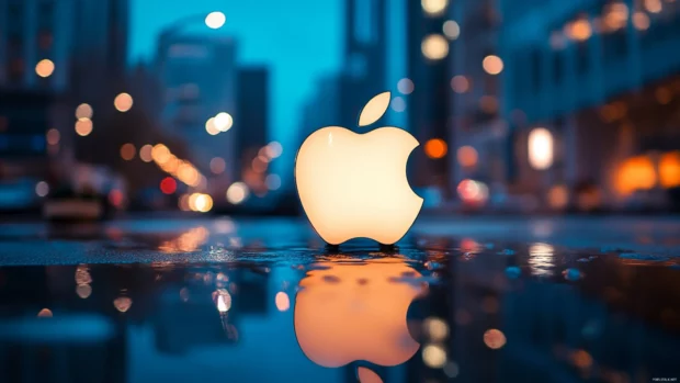 Apple Desktop Wallpaper with light bokeh effect around Apple logo, Mac aesthetics.