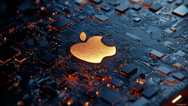 Apple Macbook Wallpaper merging Apple Silicon chip motifs into abstract background.