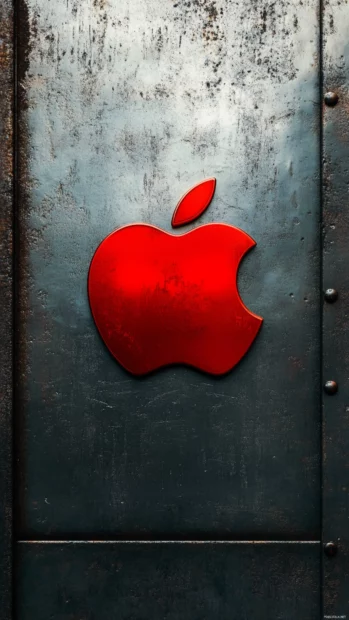 Apple iPhone Logo designed with bold red Apple emblem on metallic backdrop.