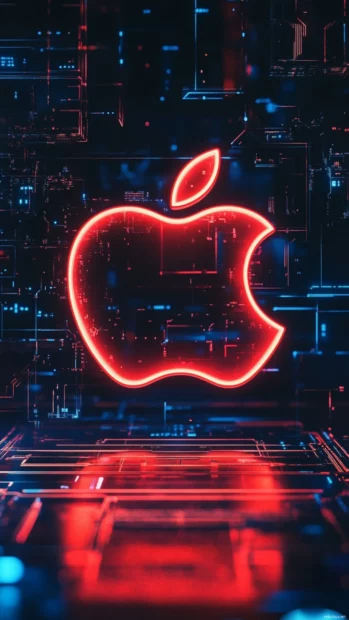 Apple iPhone Wallpapers displaying neon Apple logo on cyberpunk backdrop.
