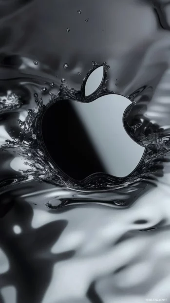 Apple iPhone Wallpapers with glossy Apple symbol over liquid background.