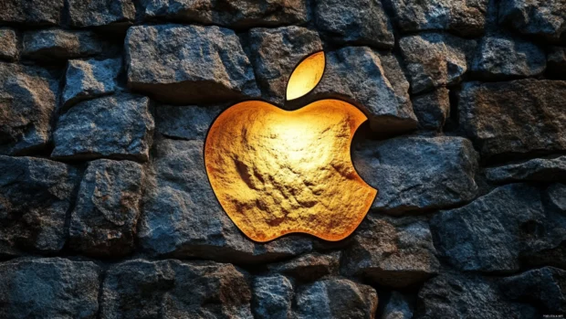 Apple logo carved into a stone wall with dramatic lighting.