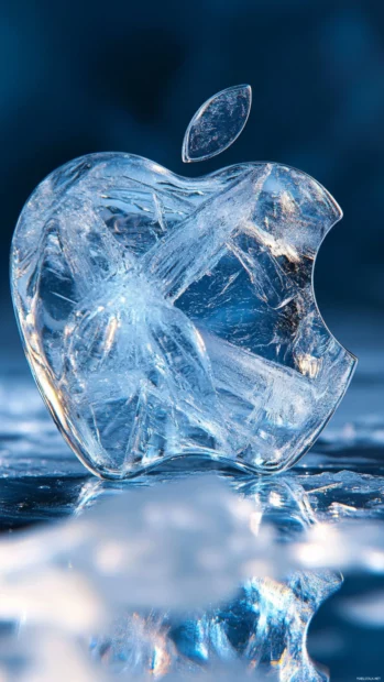 Apple logo embedded into a crystal ice block, fresh Apple frozen effect wallpaper.