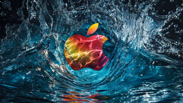 Apple logo emerging from a splash of colorful water ripples.