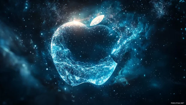 Apple logo formed by glowing particles in outer space, unique Apple space themed wallpaper.