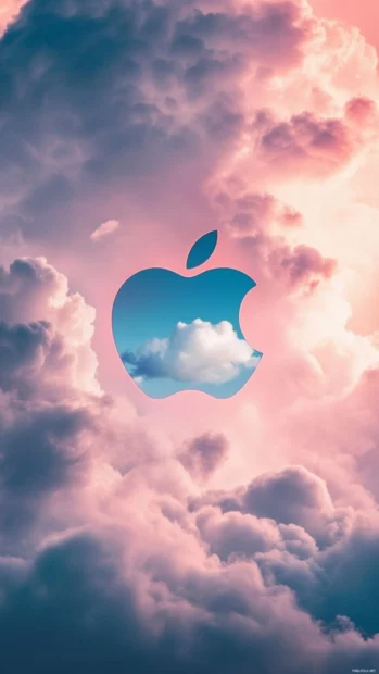 Apple logo gently resting on soft white clouds in a pastel sky.