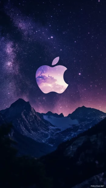Apple logo glowing softly above a mountain silhouette.
