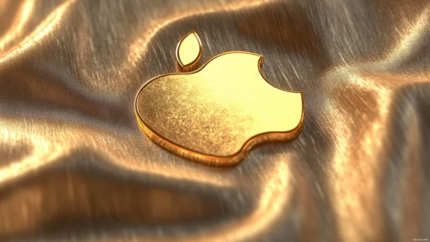 Apple logo made of golden threads shining on a silk background.