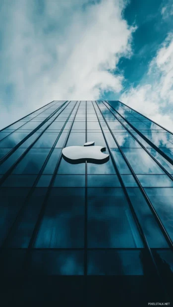 Apple logo mirrored on a sleek, dark glass panel.