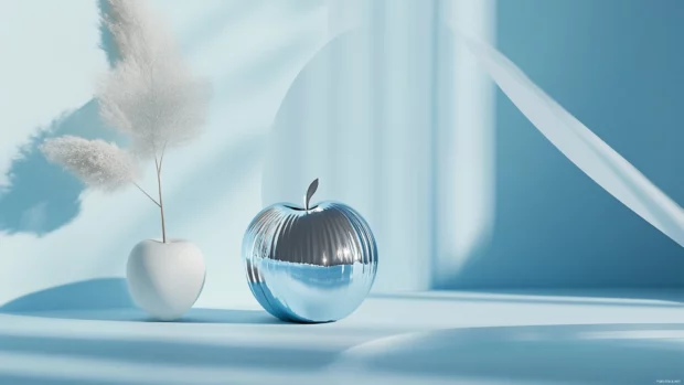 Apple logo styled with chrome finish resting over soft blue tones.