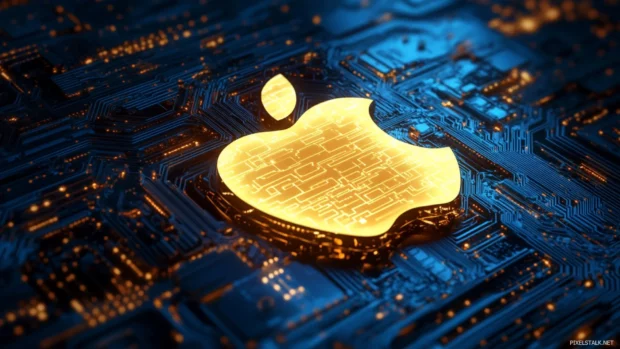 Apple logo surrounded by digital tech circuits, perfect Apple tech background wallpaper.