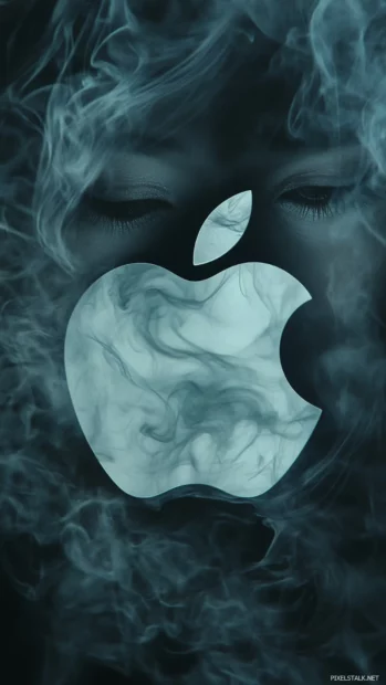 Apple logo surrounded by ethereal mist on a dark background.