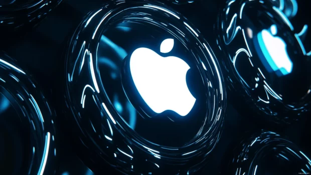 Apple logo surrounded by glowing neon rings on a black background.