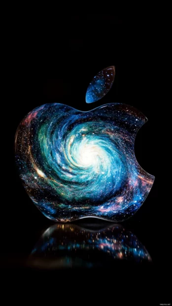Apple logo with galaxy swirl filling, cosmic Apple universe wallpaper.