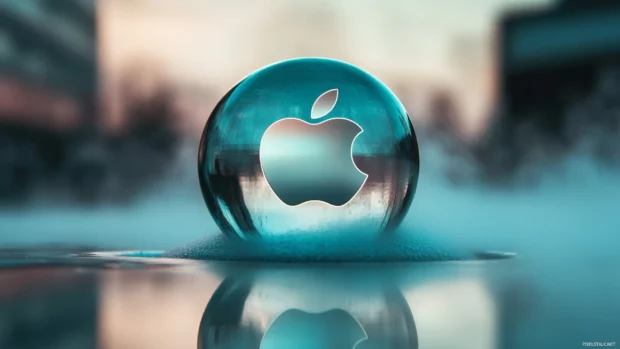 Apple logo within glass sphere, surrounded by misty atmosphere.