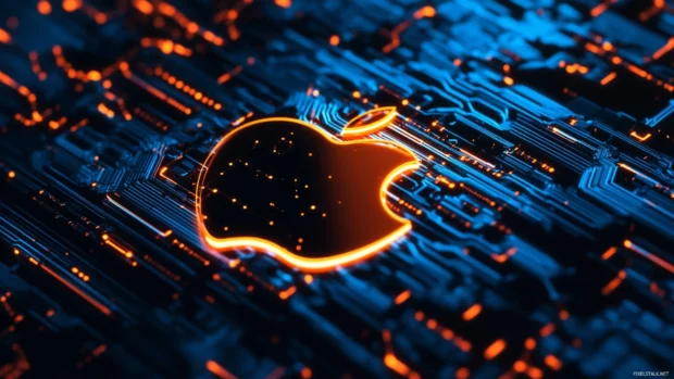 Apple silhouette paired with glowing circuit lines, high tech atmosphere.