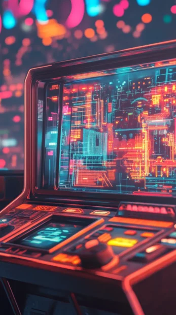 Arcade style retro futurism wallpaper with vintage tech graphics.