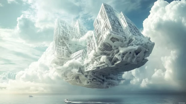 Architectural marvels that defy physics, towering and impossible, a futuristic trippy world.