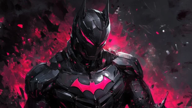 Armored Batman design with dark tech background, for Batman PC wallpapers.