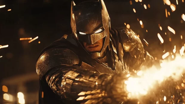Armored Batman in a dramatic battle stance with sparks flying.