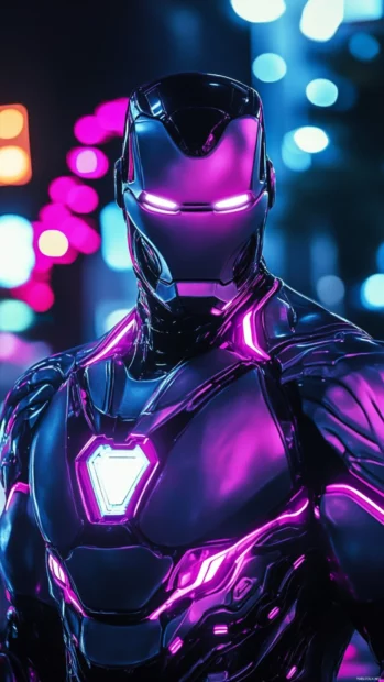 Armored Iron Man with neon lights in background, trending choice for superhero iPhone wallpapers.
