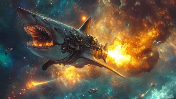 Armored shark with jet thrusters blazing through space.