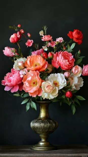 Arrangement of peonies and roses in a vintage vase.