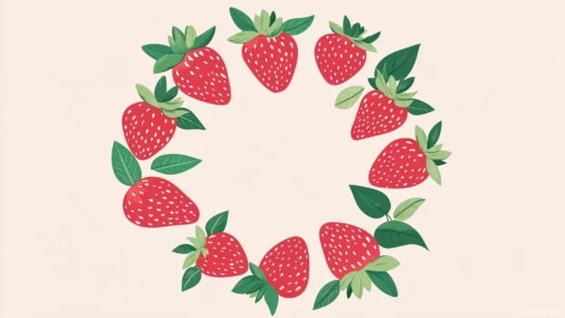Arrangement of strawberries and leaves in a circular wreath shape on a plain pastel background, with clean, soft details and bright colors.