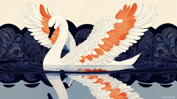 Art deco inspired Swan in symmetrical lake pattern.