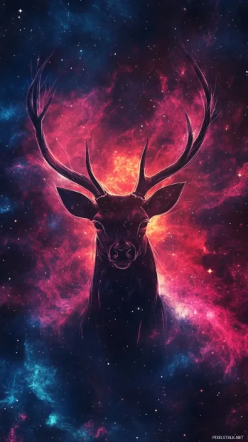 Art graffiti wallpaper with galaxy swirls around geometric deer silhouette.