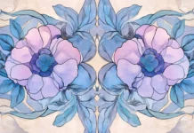 Art nouveau inspired floral medallion motif in soft lilac and blue tones.