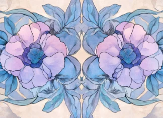 Art nouveau inspired floral medallion motif in soft lilac and blue tones.