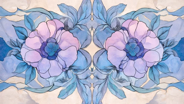 Art nouveau inspired floral medallion motif in soft lilac and blue tones.