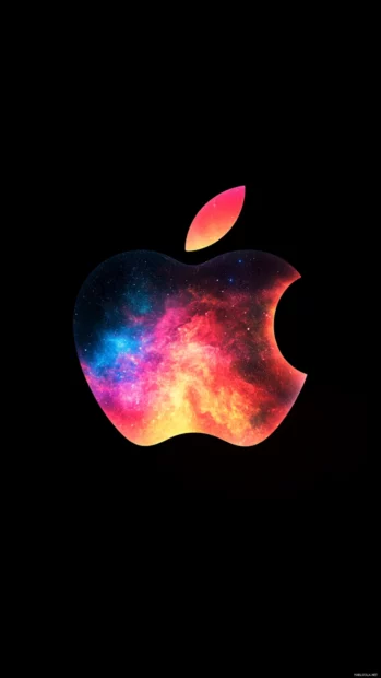 Artistic Apple logo with glowing galaxy colors on iPhone wallpaper.