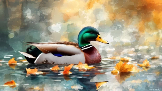 Artistic Duck PC wallpaper showing a watercolor style duck in a calm pond with floating leaves.