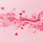 Artistic blush splash with tiny hearts and petal shadows.