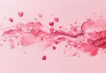 Artistic blush splash with tiny hearts and petal shadows.