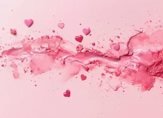 Artistic blush splash with tiny hearts and petal shadows.