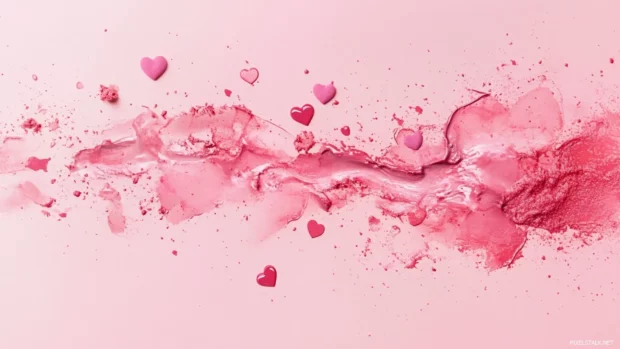 Artistic blush splash with tiny hearts and petal shadows.