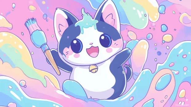 Artistic cat paints mural, colorful wall, paint splashes, cute brushes, creative energy.
