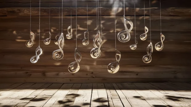 Artistic metallic music notes floating above wooden background with soft spotlight.