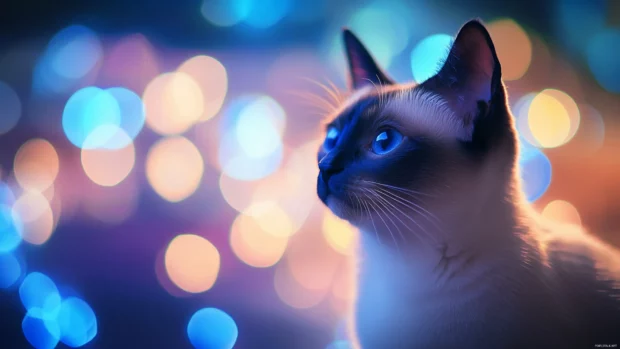 Artistic rendering of Siamese cat with a bokeh background, designed for Cat PC Wallpapers.
