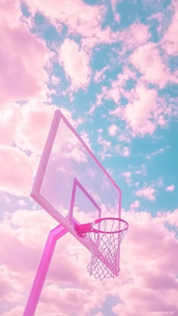 Artistic shot of basketball hoop and cloudy sky in pastel filter.
