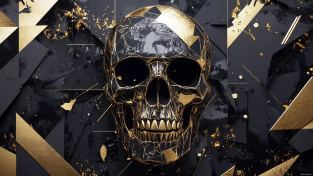 Artistic skull wallpaper 4K with gold foil effects and geometric shapes.