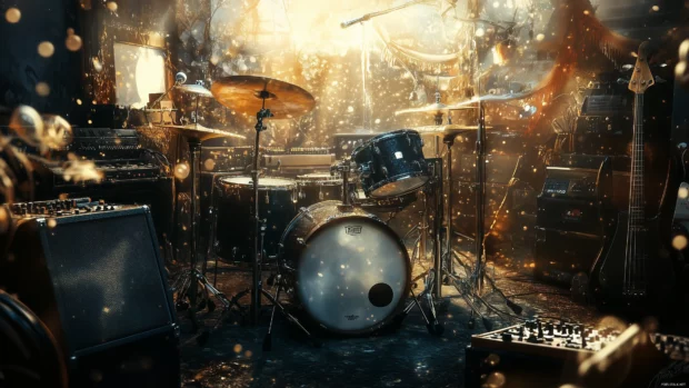 Artistic studio view, drum kit, instruments gear, inspiring atmosphere.
