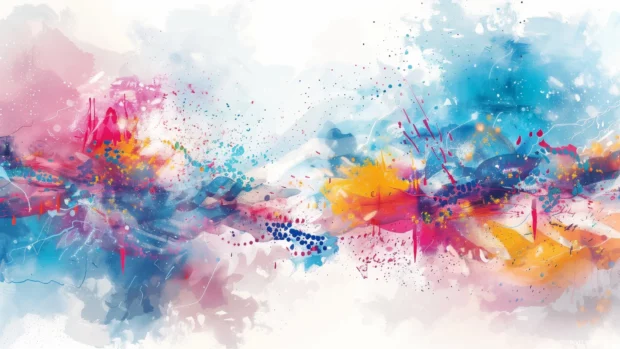 Artistic watercolor painting background with vibrant strokes and splashes.