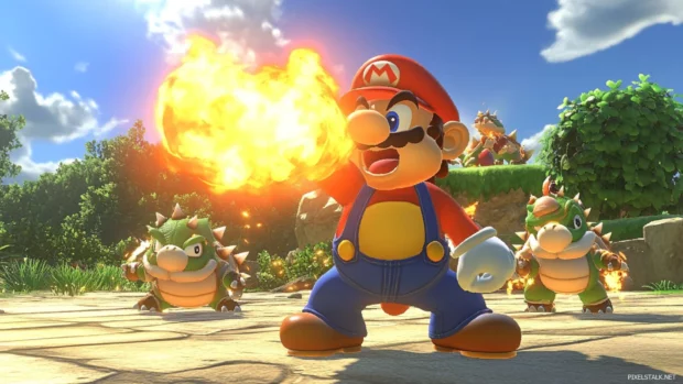 As Bowser breathes fire from above, the Mario Bros take cover and plan their counterattack.