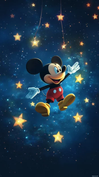 As a brave superhero, Mickey Mouse soars among twinkling stars in the night sky.